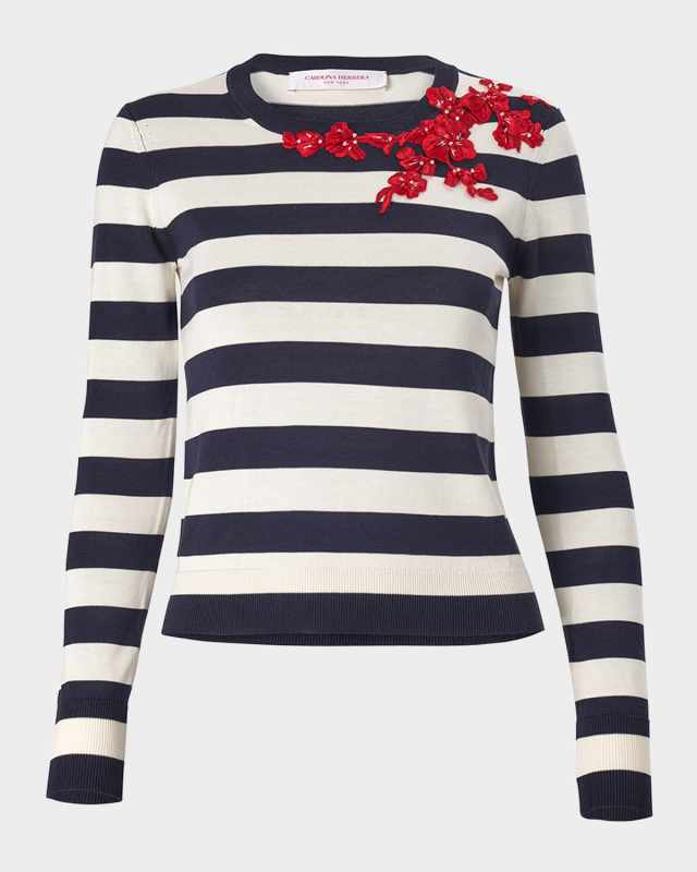 Stripe Floral Applique Sweater